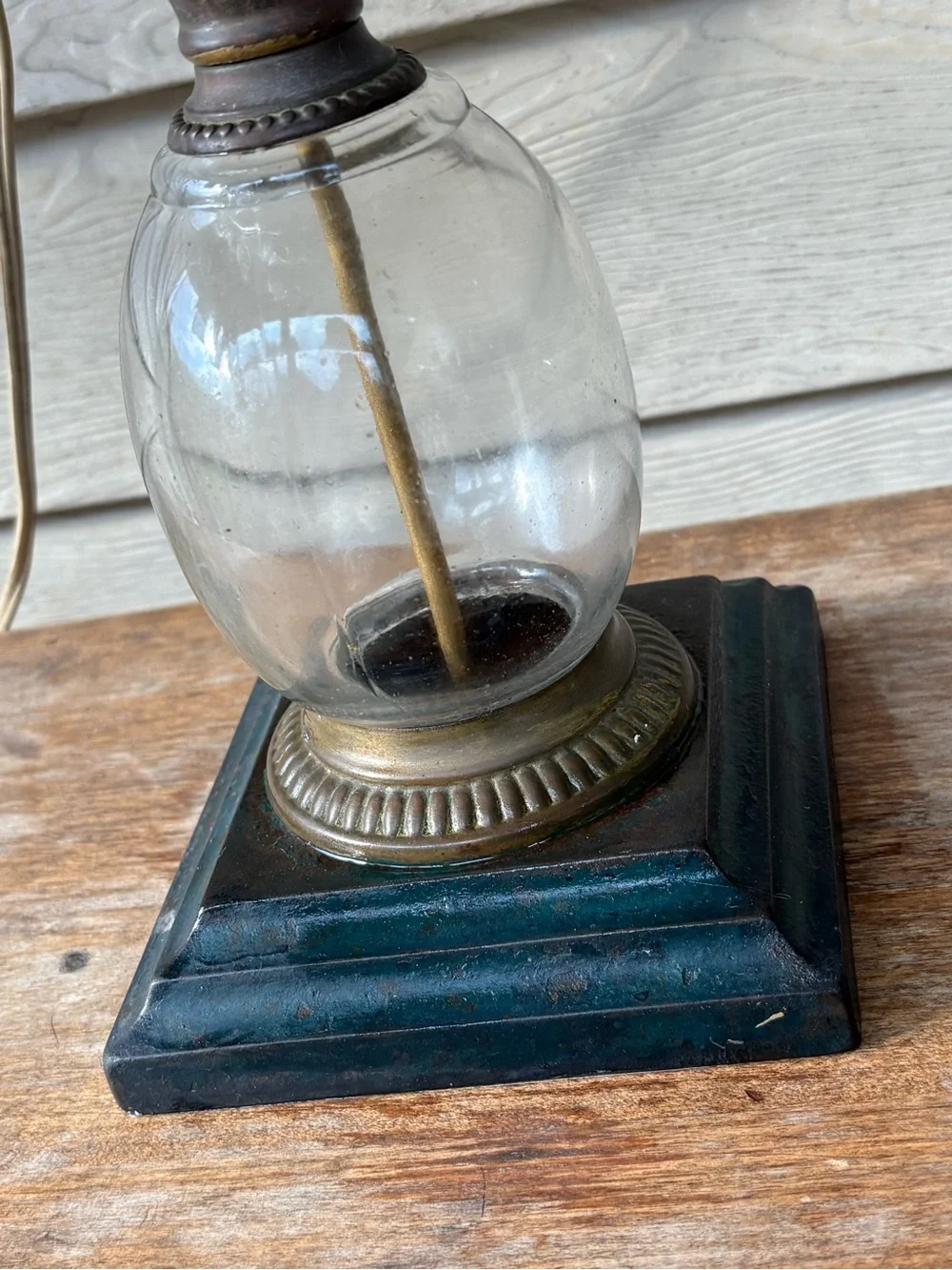 VTG glass table lamp features a converted kerosene lamp design with a brass burn